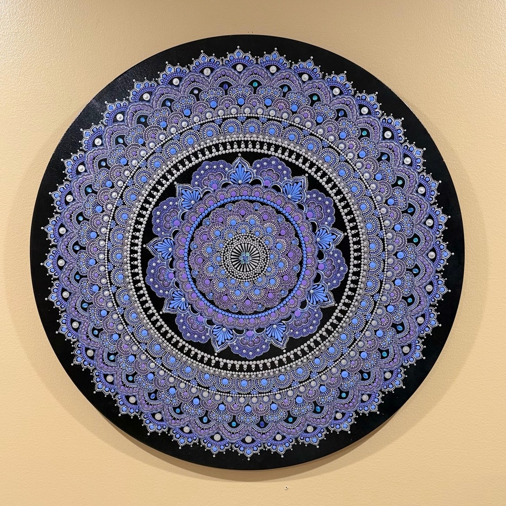 Luxury hand painted mandala Wall Art– 60 cm. Violet & Silver. Wooden panel.